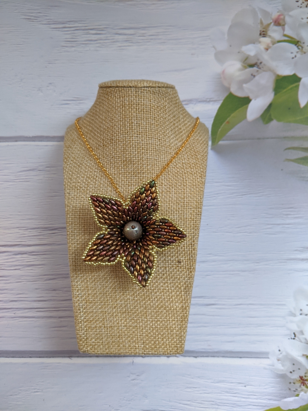 Gold-Tone Floral Bead Pendant Necklace in Iridescent Bronze-Green